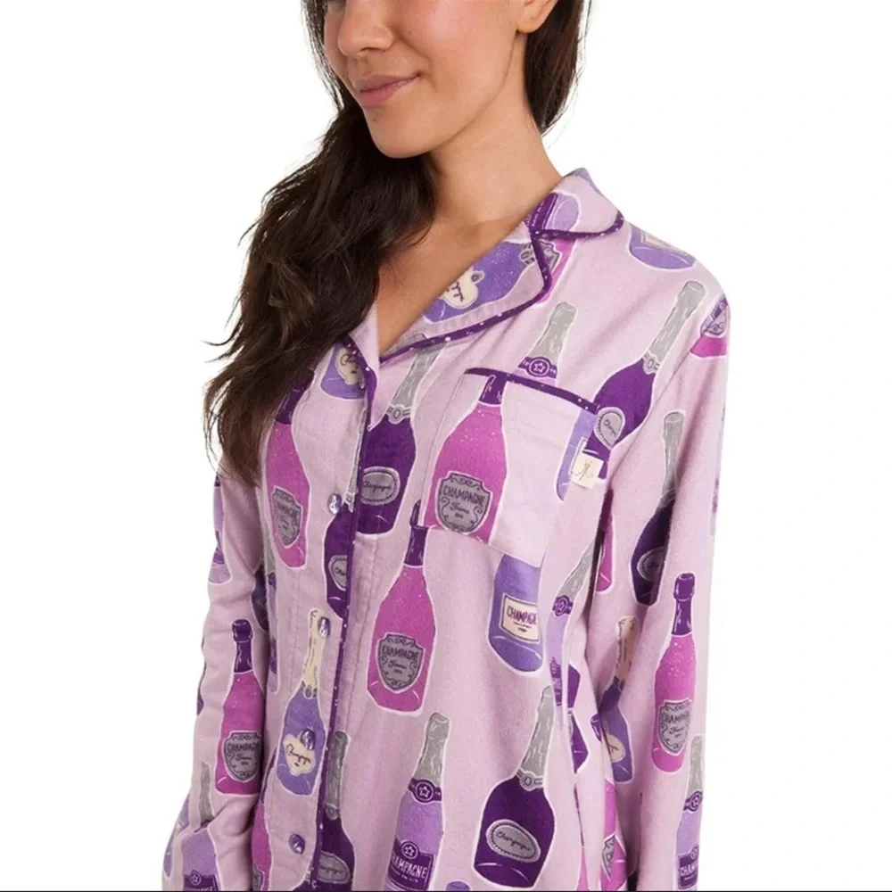 Munki Munki Ladies Flannel Champagne Bottle Festive PJ Top Purple Women's Small - Picture 2 of 11
